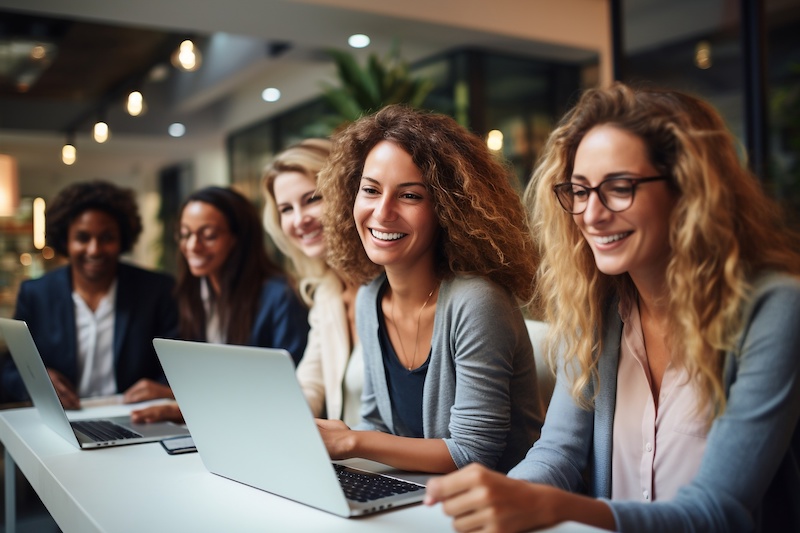 Workers Working Together in Office Using Laptop
